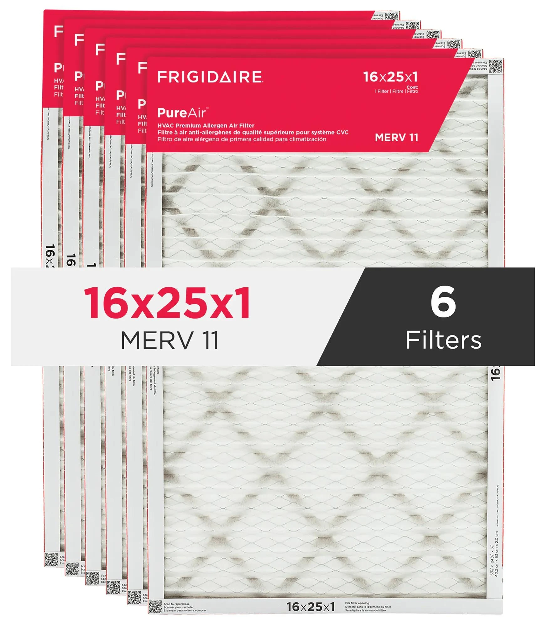 PureAir® 16" x 25" x 1" MERV 11 Premium Allergen Air Filter - 6 Pack HVAC1625116