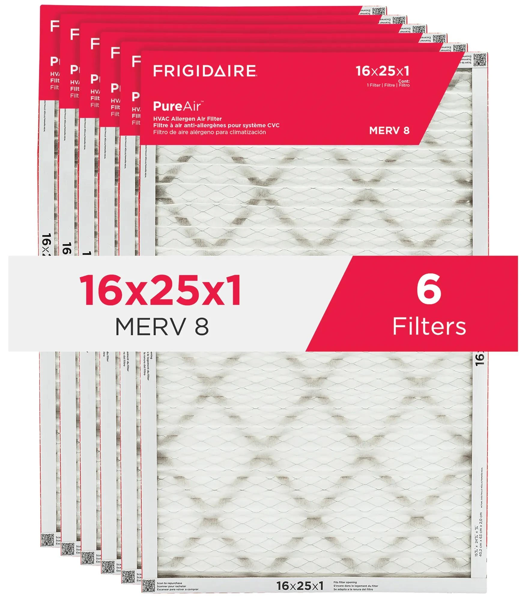 PureAir® 16" x 25" x 1" MERV 8 Allergen Air Filter - 6 Pack HVAC162586