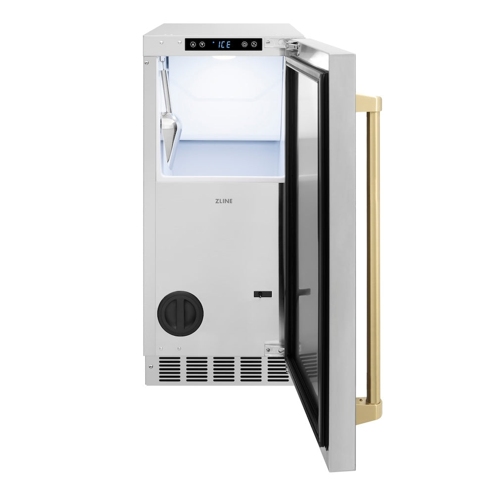 ZLINE Autograph Edition 15 in. Touchstone Clear Cube Ice Maker with Drain Pump and Solid Stainless Steel Door with Champagne Bronze Handle (ICCDZ-ST-15-CB) ICCDZST15CB