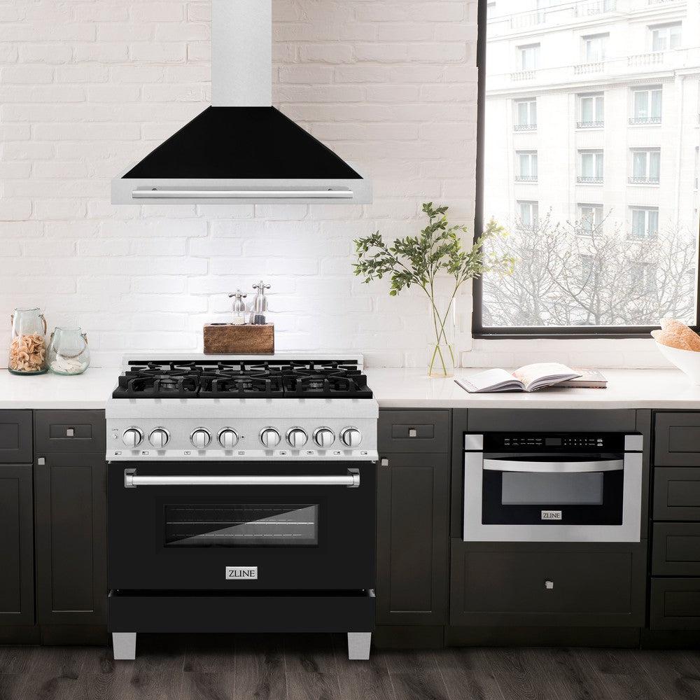 36 In. Convertible Satin Stainless Steel Wall Mount Range Hood With Black Matte Shell And Stainless Steel Handle KB4SNXBLM36