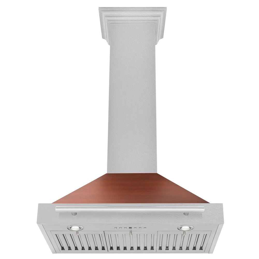 30 In. Convertible Satin Stainless Steel Wall Mount Range Hood With Copper Shell And Stainless Steel Handle KB4SNXC30