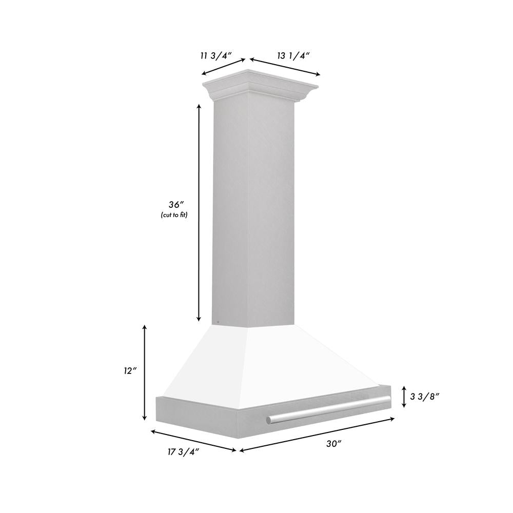 30 In. Convertible Satin Stainless Steel Wall Mount Range Hood With White Matte Shell And Stainless Steel Handle KB4SNXWM30
