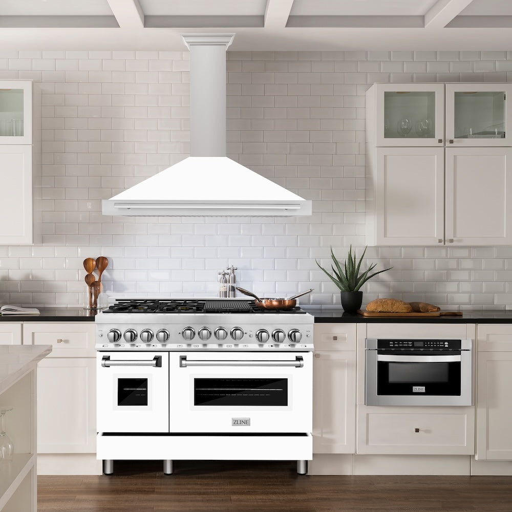 48 In. Convertible Satin Stainless Steel Wall Mount Range Hood With White Matte Shell And Stainless Steel Handle KB4SNXWM48