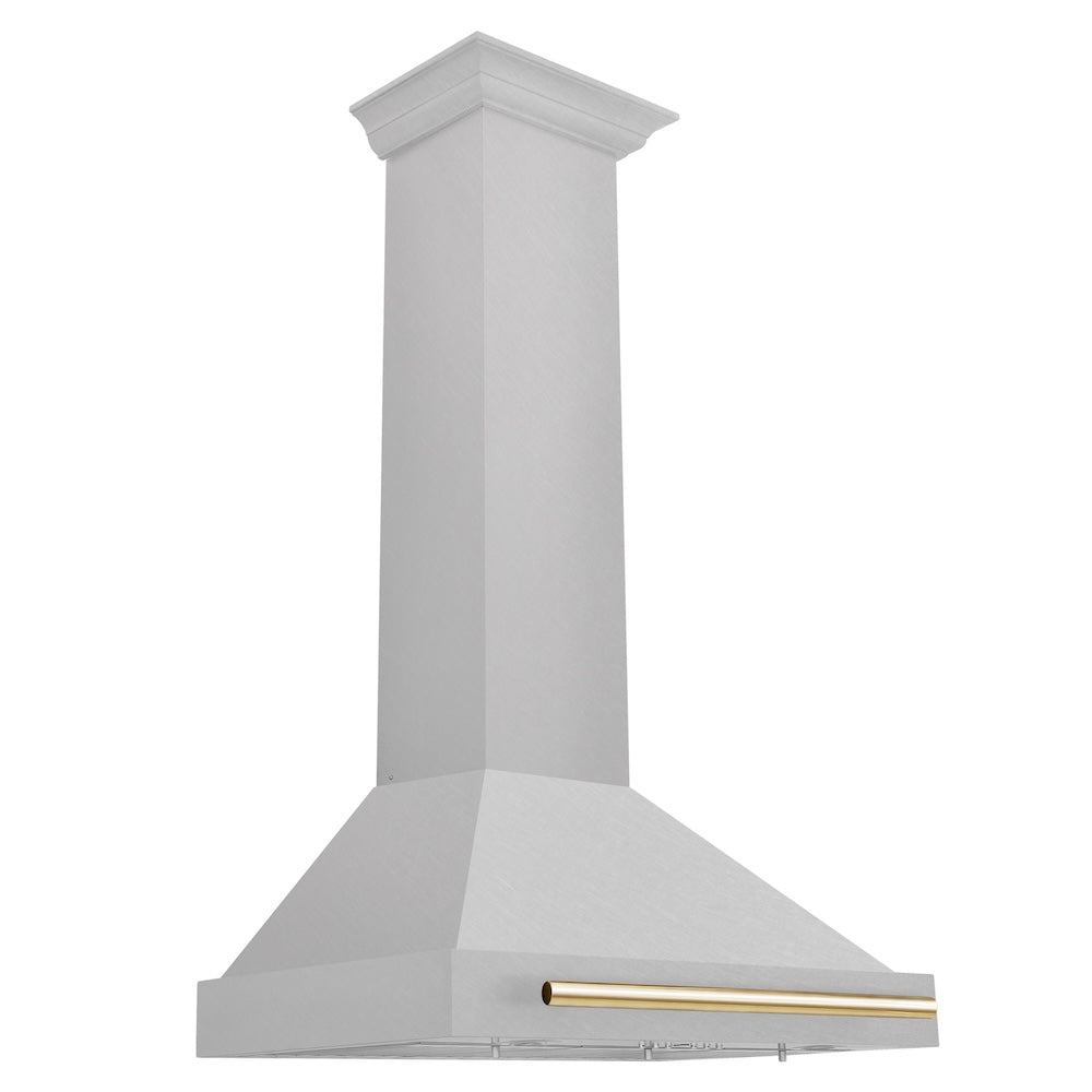 Autograph Edition 30 In. Convertible Satin Stainless Steel Wall Mount Range Hood With Polished Gold Handle KB4SNZ30G