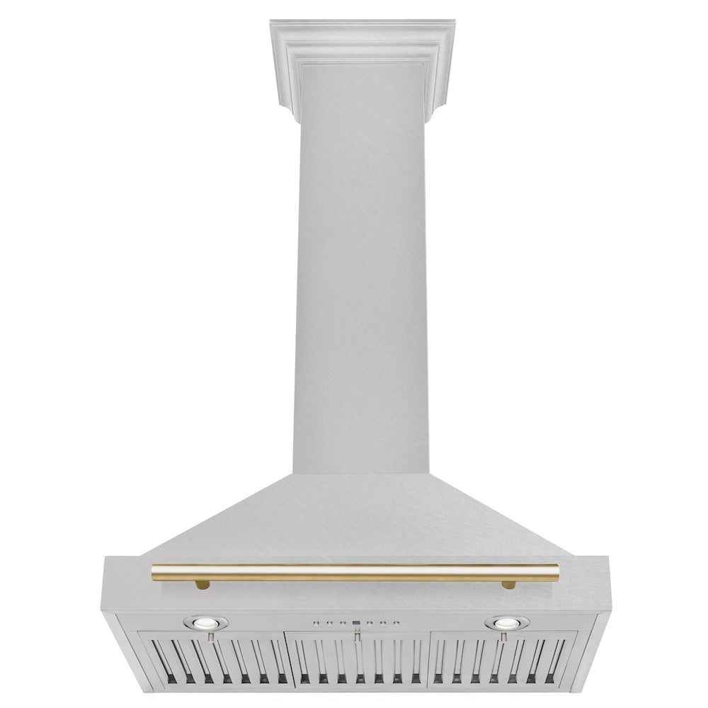 Autograph Edition 30 In. Convertible Satin Stainless Steel Wall Mount Range Hood With Polished Gold Handle KB4SNZ30G