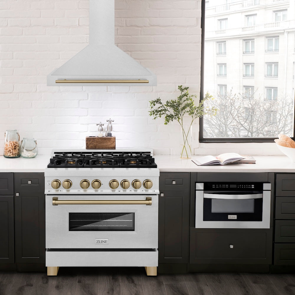 Autograph Edition 36 In. Convertible Satin Stainless Steel Wall Mount Range Hood With Champagne Bronze Handle KB4SNZ36CB