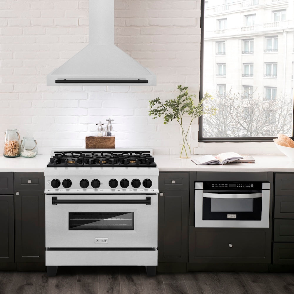 36in. Autograph Edition Convertible Fingerprint Resistant DuraSnow Stainless Steel Range Hood with Matte Black Handle KB4SNZ36MB