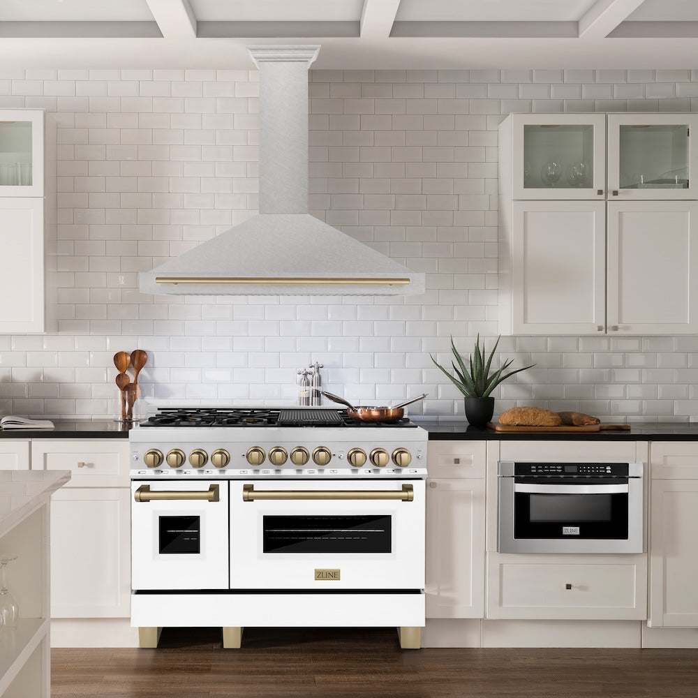 Autograph Edition 48 In. Convertible Satin Stainless Steel Wall Mount Range Hood With Champagne Bronze Handle KB4SNZ48CB