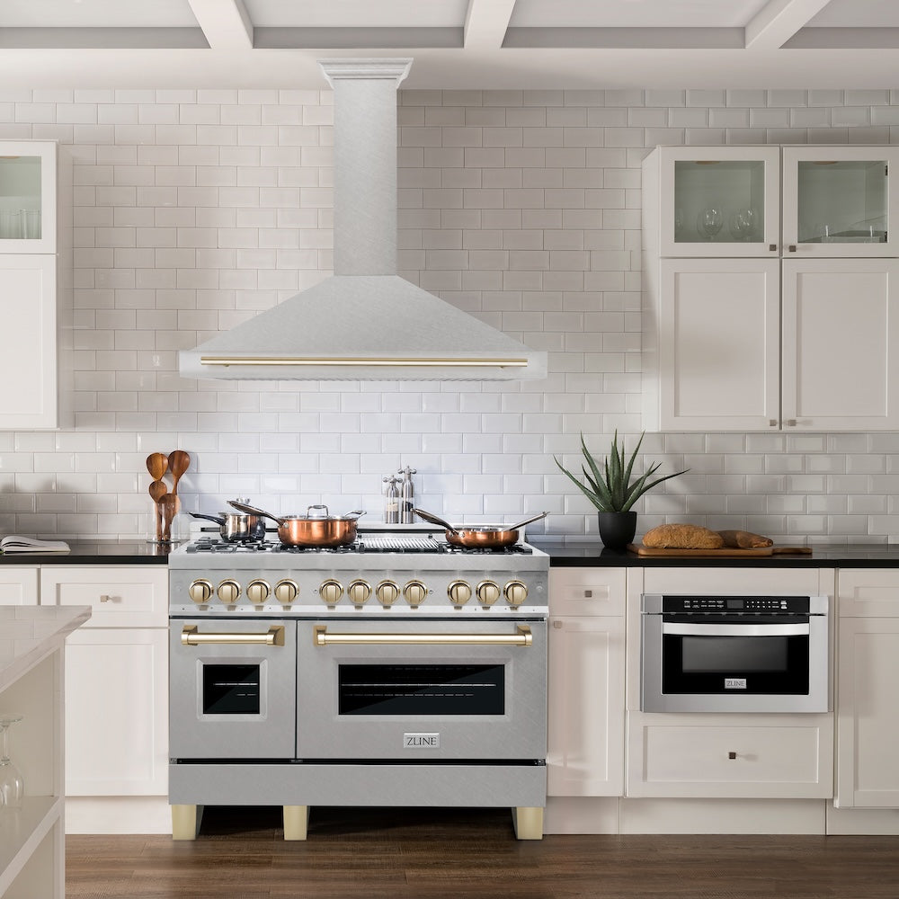 Autograph Edition 48 In. Convertible Satin Stainless Steel Wall Mount Range Hood With Polished Gold Handle KB4SNZ48G