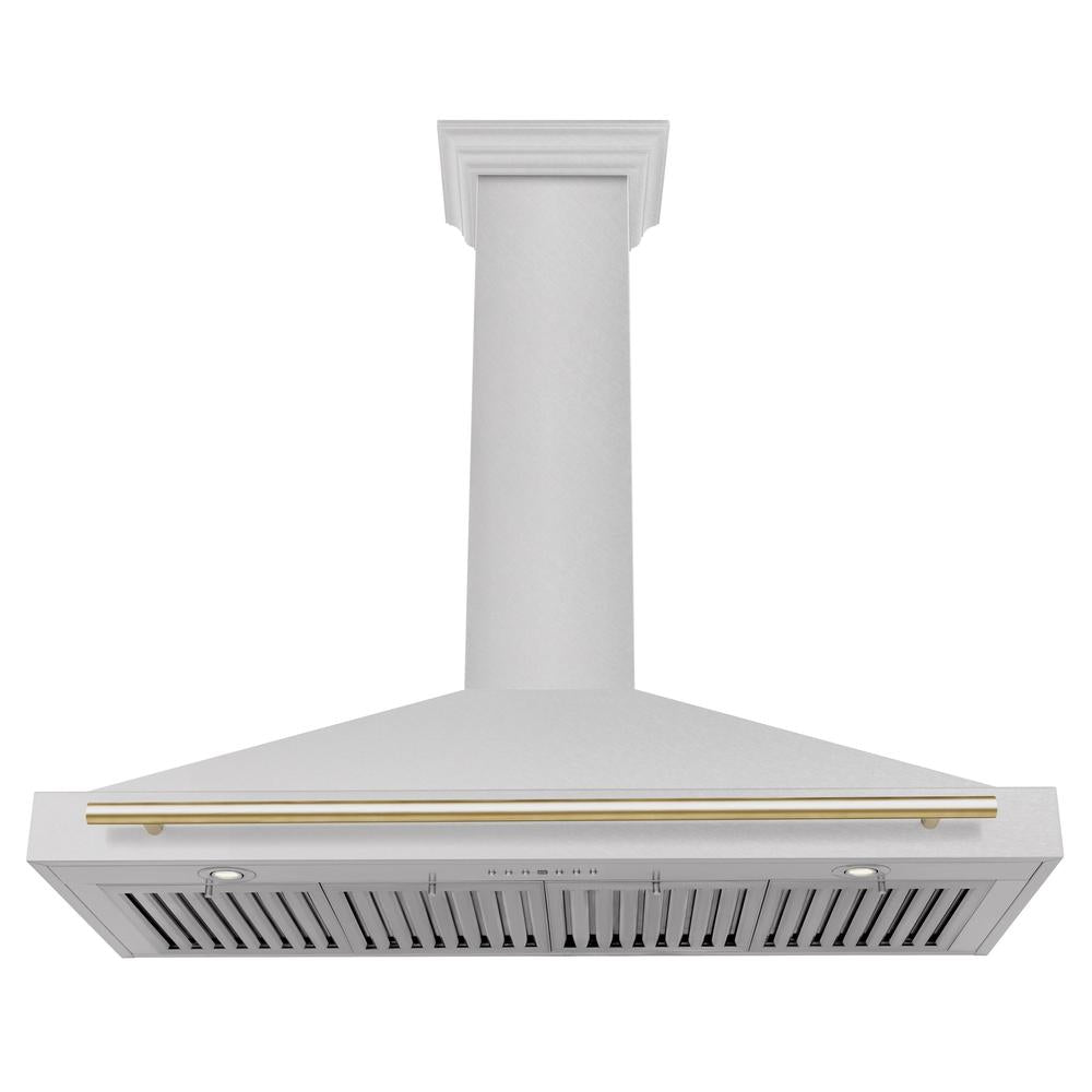Autograph Edition 48 In. Convertible Satin Stainless Steel Wall Mount Range Hood With Polished Gold Handle KB4SNZ48G
