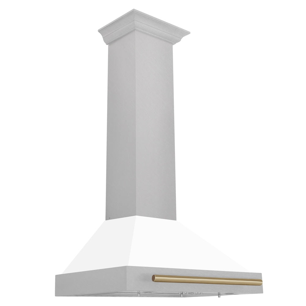 Autograph Edition 30 In. Convertible Satin Stainless Steel Wall Mount Range Hood With White Matte Shell And Champagne Bronze Handle KB4SNZWM30CB