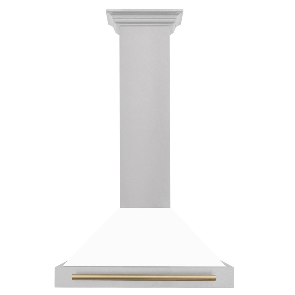 Autograph Edition 30 In. Convertible Satin Stainless Steel Wall Mount Range Hood With White Matte Shell And Champagne Bronze Handle KB4SNZWM30CB