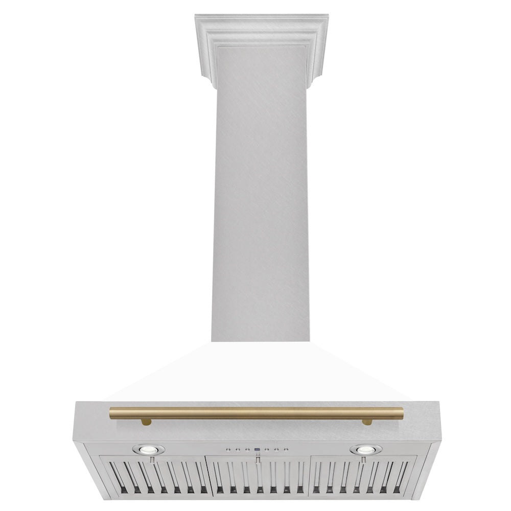 Autograph Edition 30 In. Convertible Satin Stainless Steel Wall Mount Range Hood With White Matte Shell And Champagne Bronze Handle KB4SNZWM30CB