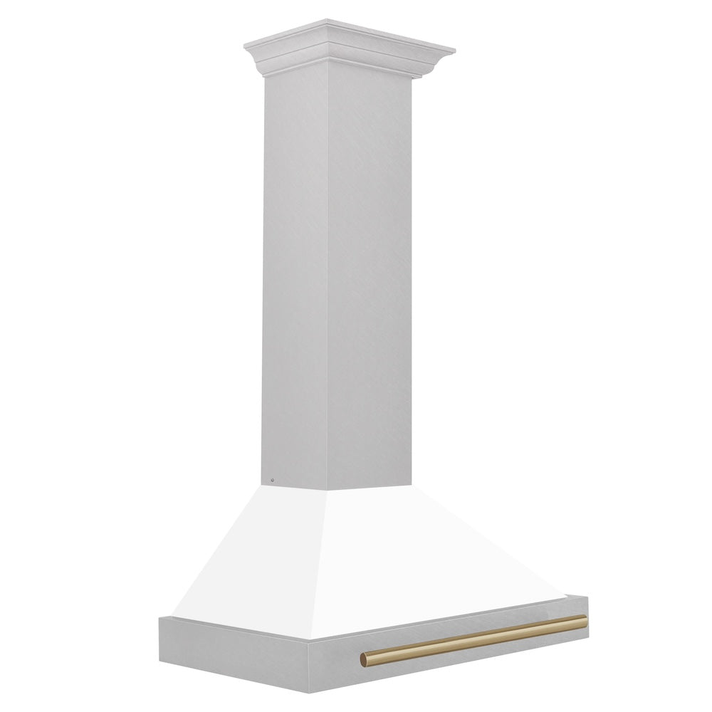Autograph Edition 30 In. Convertible Satin Stainless Steel Wall Mount Range Hood With White Matte Shell And Champagne Bronze Handle KB4SNZWM30CB