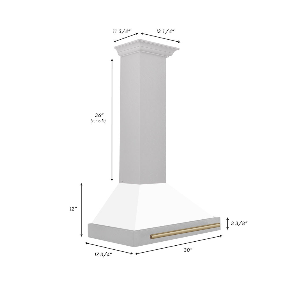 Autograph Edition 30 In. Convertible Satin Stainless Steel Wall Mount Range Hood With White Matte Shell And Champagne Bronze Handle KB4SNZWM30CB