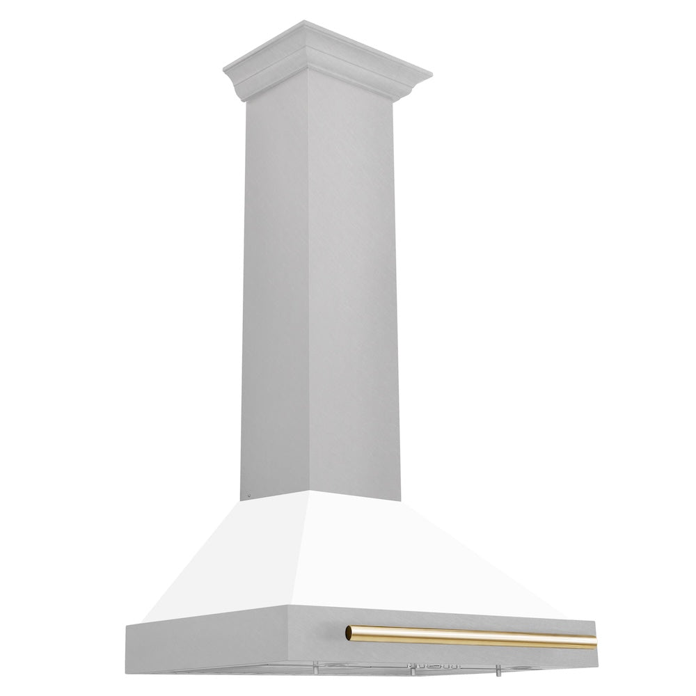 30in. Autograph Edition Convertible Fingerprint Resistant DuraSnow Stainless Steel Range Hood with White Matte Shell and Polished Polished Gold Handle KB4SNZWM30G
