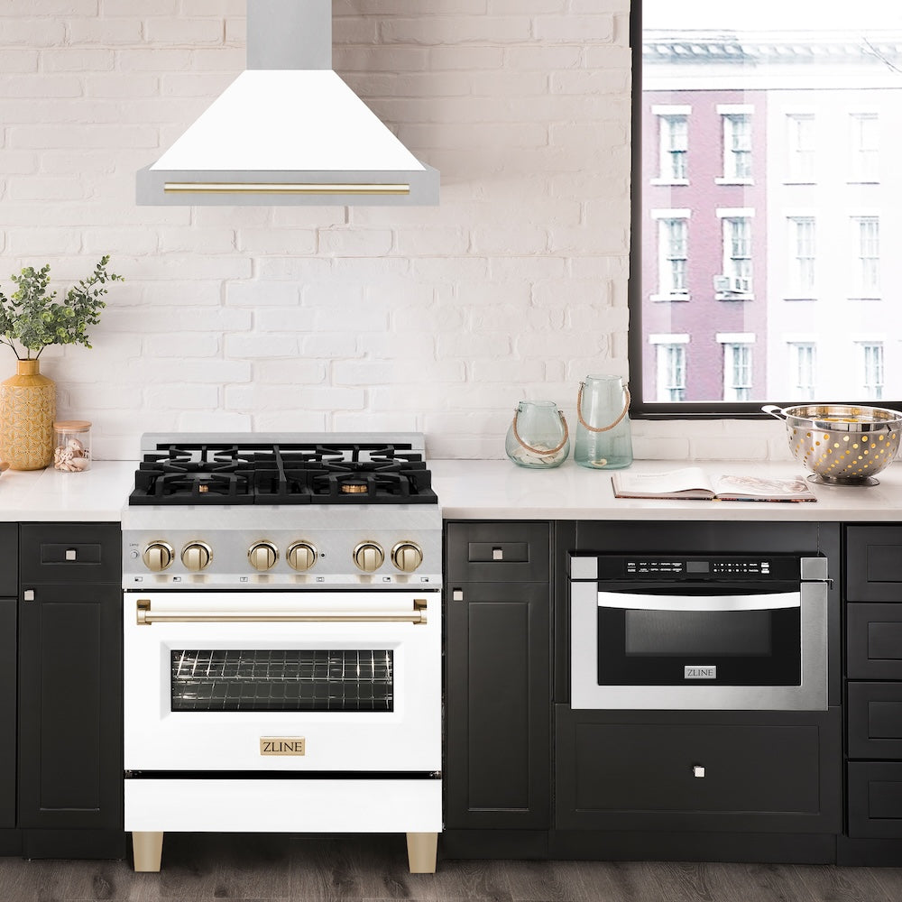 30in. Autograph Edition Convertible Fingerprint Resistant DuraSnow Stainless Steel Range Hood with White Matte Shell and Polished Polished Gold Handle KB4SNZWM30G