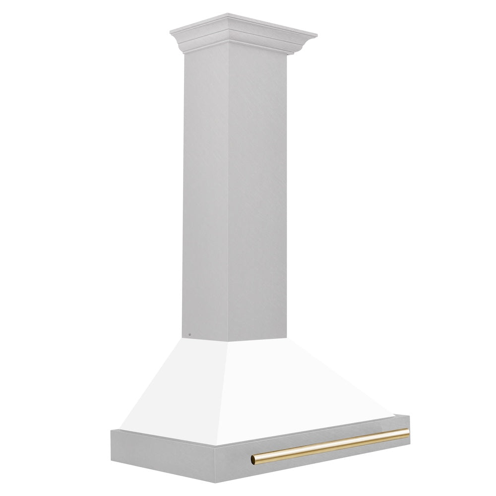 30in. Autograph Edition Convertible Fingerprint Resistant DuraSnow Stainless Steel Range Hood with White Matte Shell and Polished Polished Gold Handle KB4SNZWM30G