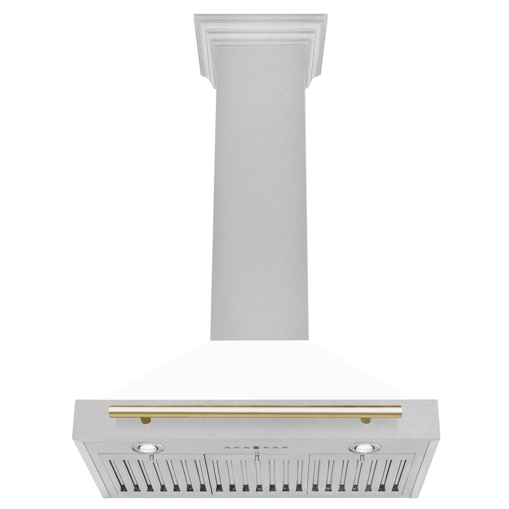 30in. Autograph Edition Convertible Fingerprint Resistant DuraSnow Stainless Steel Range Hood with White Matte Shell and Polished Polished Gold Handle KB4SNZWM30G