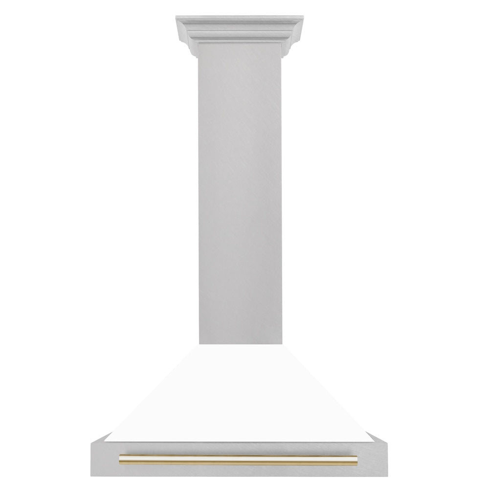 30in. Autograph Edition Convertible Fingerprint Resistant DuraSnow Stainless Steel Range Hood with White Matte Shell and Polished Polished Gold Handle KB4SNZWM30G