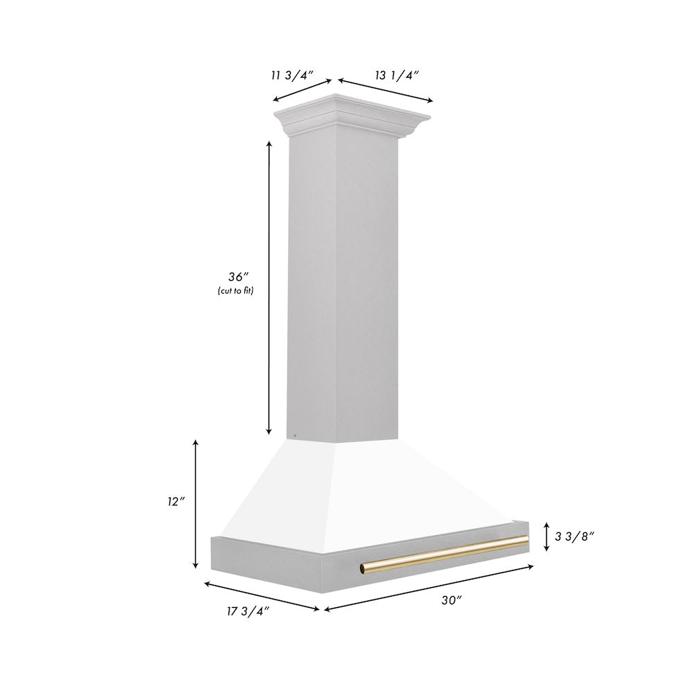 30in. Autograph Edition Convertible Fingerprint Resistant DuraSnow Stainless Steel Range Hood with White Matte Shell and Polished Polished Gold Handle KB4SNZWM30G
