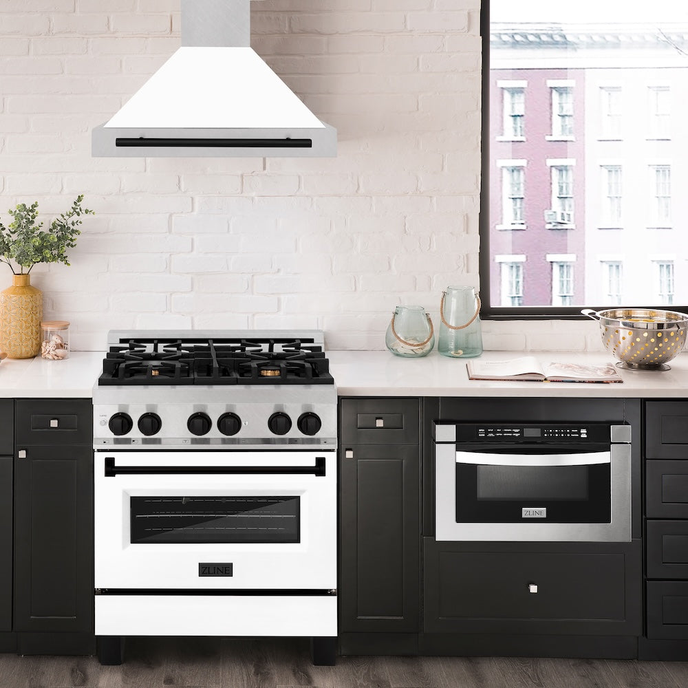 Autograph Edition 30 In. Convertible Satin Stainless Steel Wall Mount Range Hood With White Matte Shell And Matte Black Handle KB4SNZWM30MB