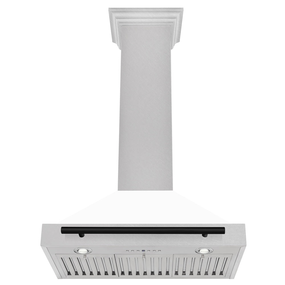 Autograph Edition 30 In. Convertible Satin Stainless Steel Wall Mount Range Hood With White Matte Shell And Matte Black Handle KB4SNZWM30MB