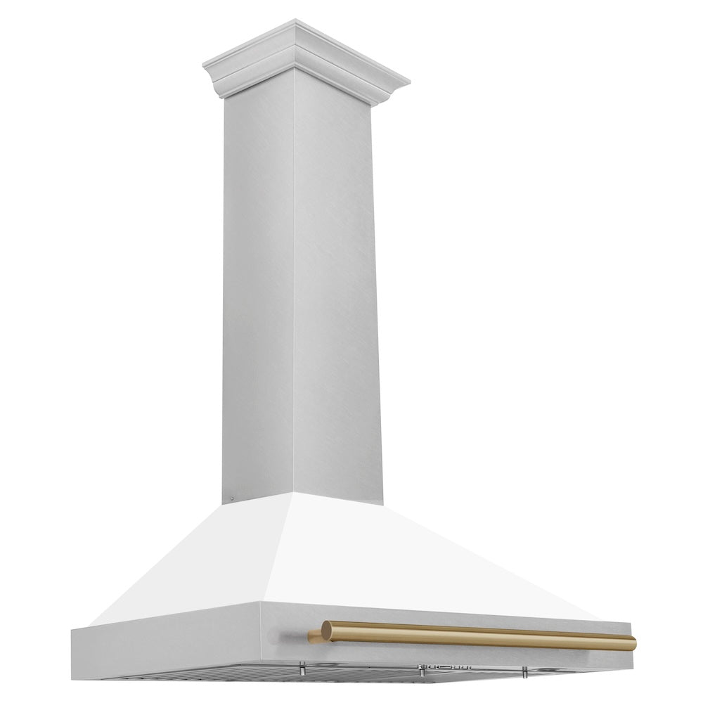 Autograph Edition 36 In. Convertible Satin Stainless Steel Wall Mount Range Hood With White Matte Shell And Champagne Bronze Handle KB4SNZWM36CB