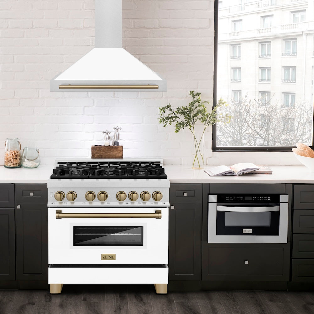 Autograph Edition 36 In. Convertible Satin Stainless Steel Wall Mount Range Hood With White Matte Shell And Champagne Bronze Handle KB4SNZWM36CB