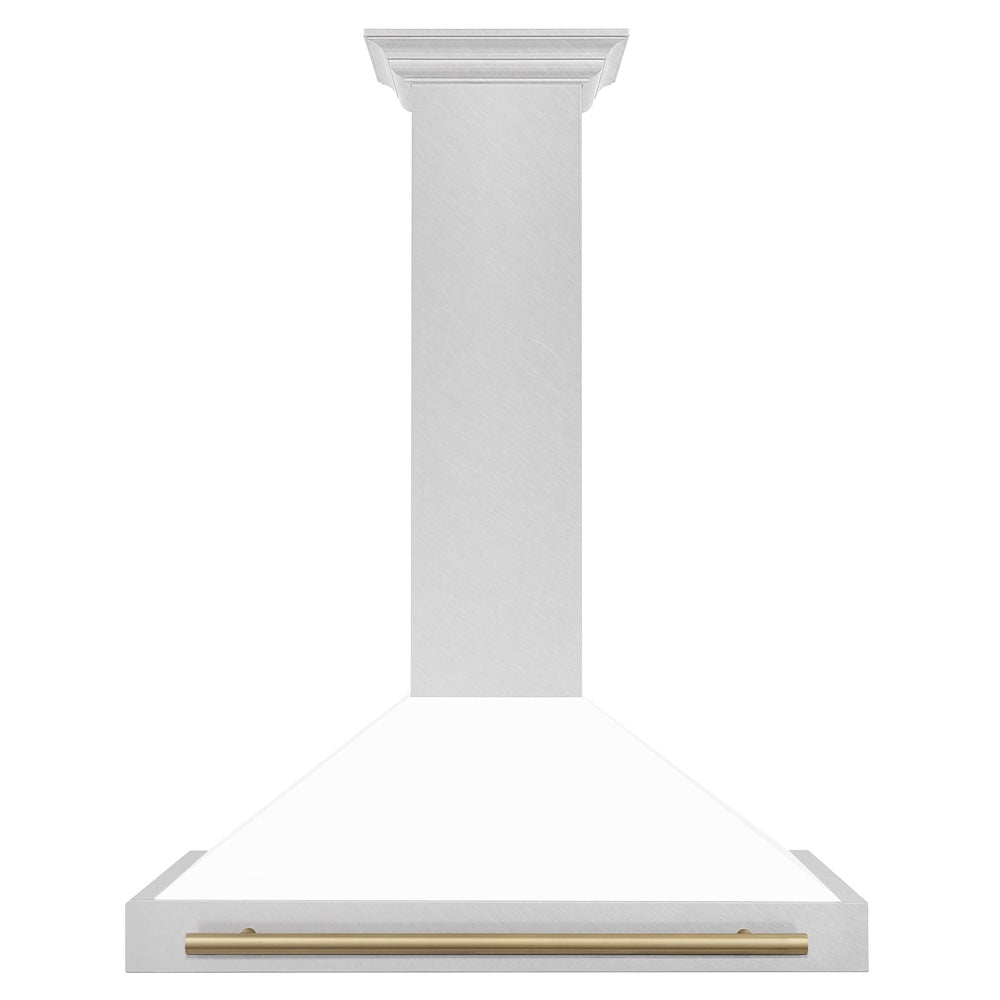 Autograph Edition 36 In. Convertible Satin Stainless Steel Wall Mount Range Hood With White Matte Shell And Champagne Bronze Handle KB4SNZWM36CB