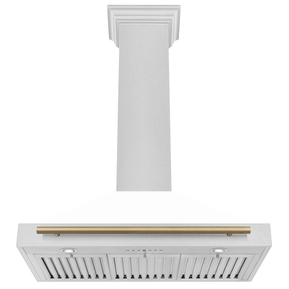 Autograph Edition 36 In. Convertible Satin Stainless Steel Wall Mount Range Hood With White Matte Shell And Champagne Bronze Handle KB4SNZWM36CB