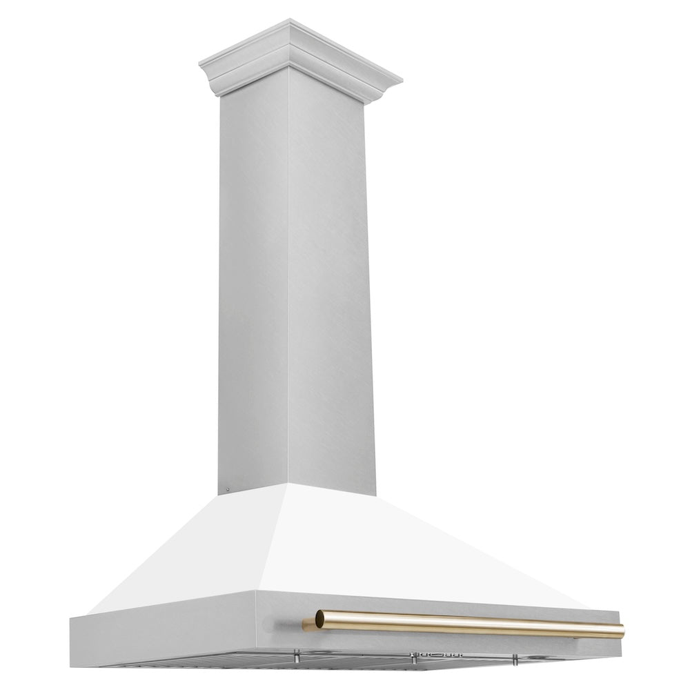 Autograph Edition 36 In. Convertible Satin Stainless Steel Wall Mount Range Hood With White Matte Shell And Polished Gold Handle KB4SNZWM36G