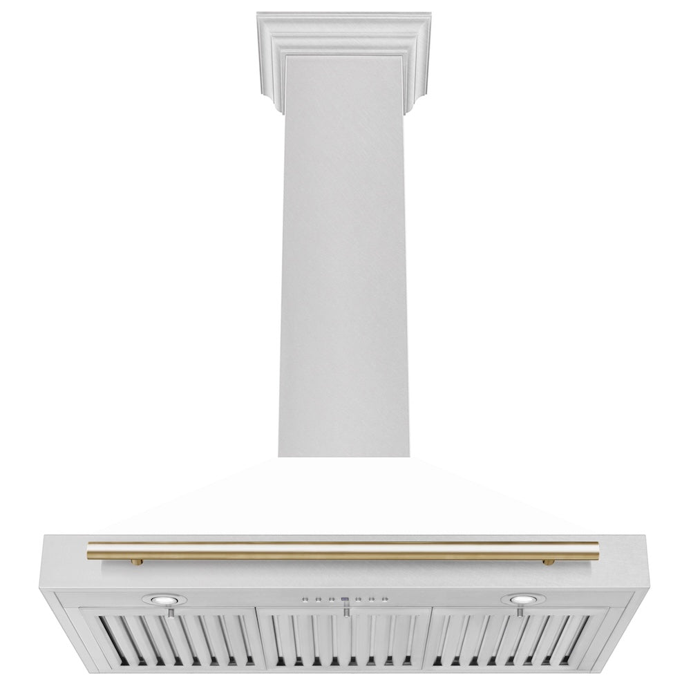 Autograph Edition 36 In. Convertible Satin Stainless Steel Wall Mount Range Hood With White Matte Shell And Polished Gold Handle KB4SNZWM36G