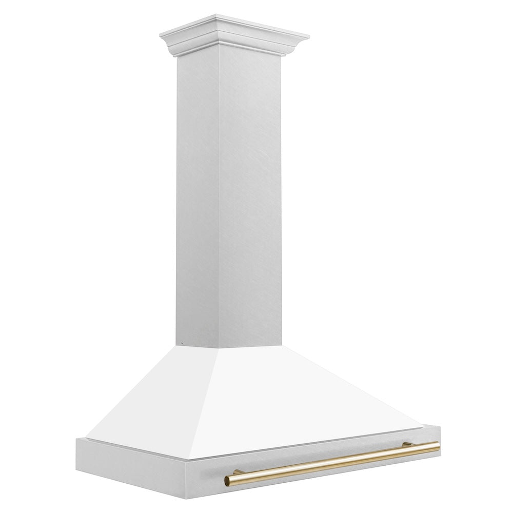 Autograph Edition 36 In. Convertible Satin Stainless Steel Wall Mount Range Hood With White Matte Shell And Polished Gold Handle KB4SNZWM36G