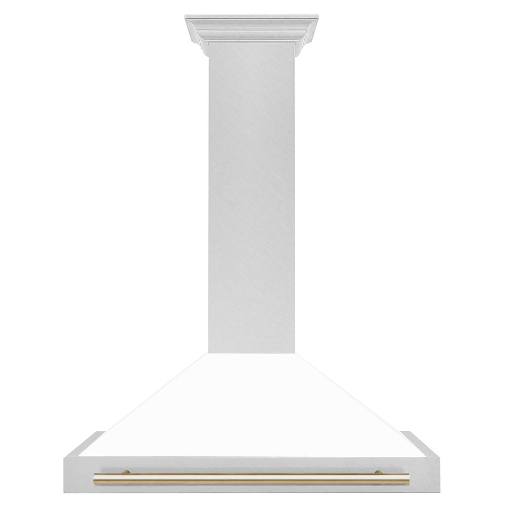 Autograph Edition 36 In. Convertible Satin Stainless Steel Wall Mount Range Hood With White Matte Shell And Polished Gold Handle KB4SNZWM36G
