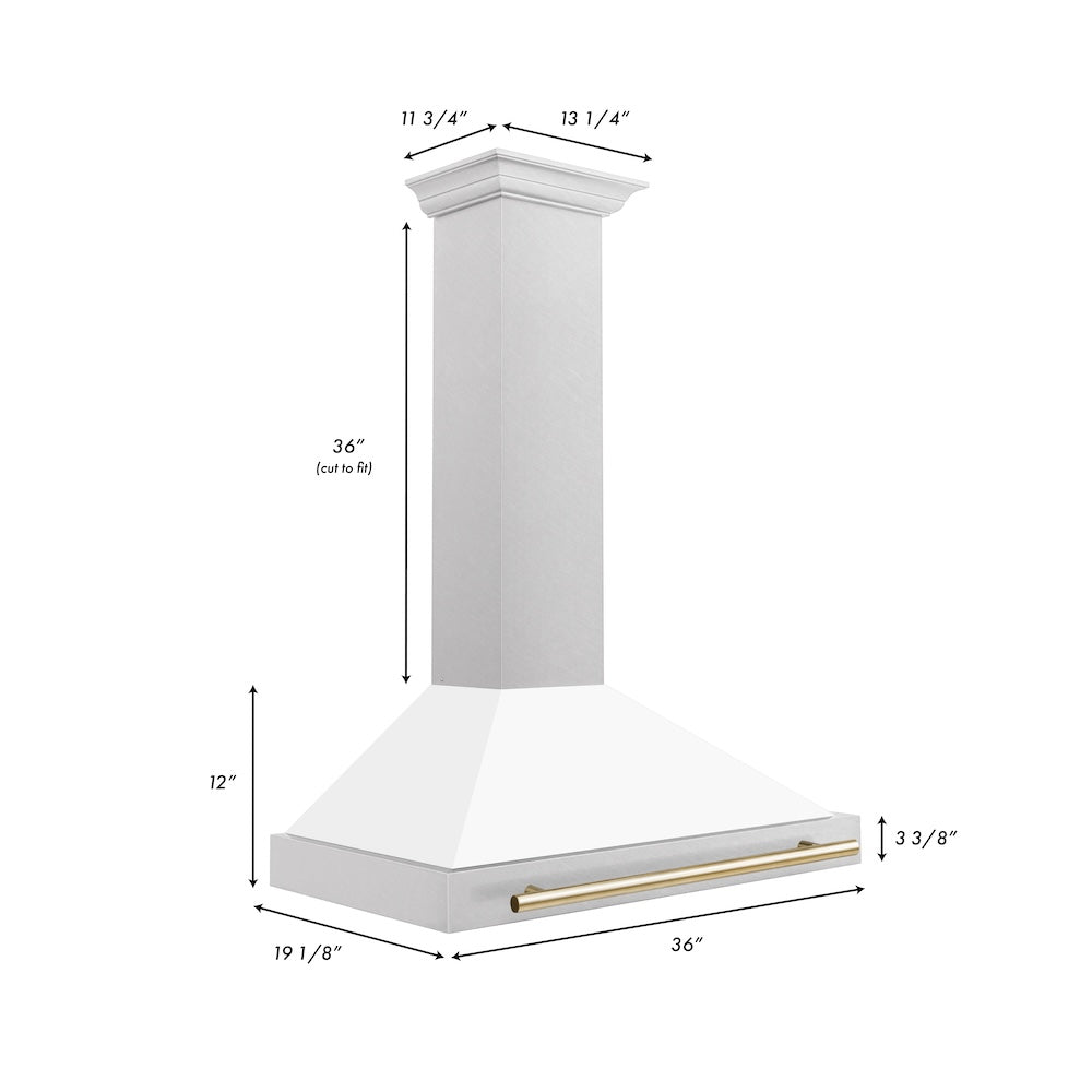 Autograph Edition 36 In. Convertible Satin Stainless Steel Wall Mount Range Hood With White Matte Shell And Polished Gold Handle KB4SNZWM36G