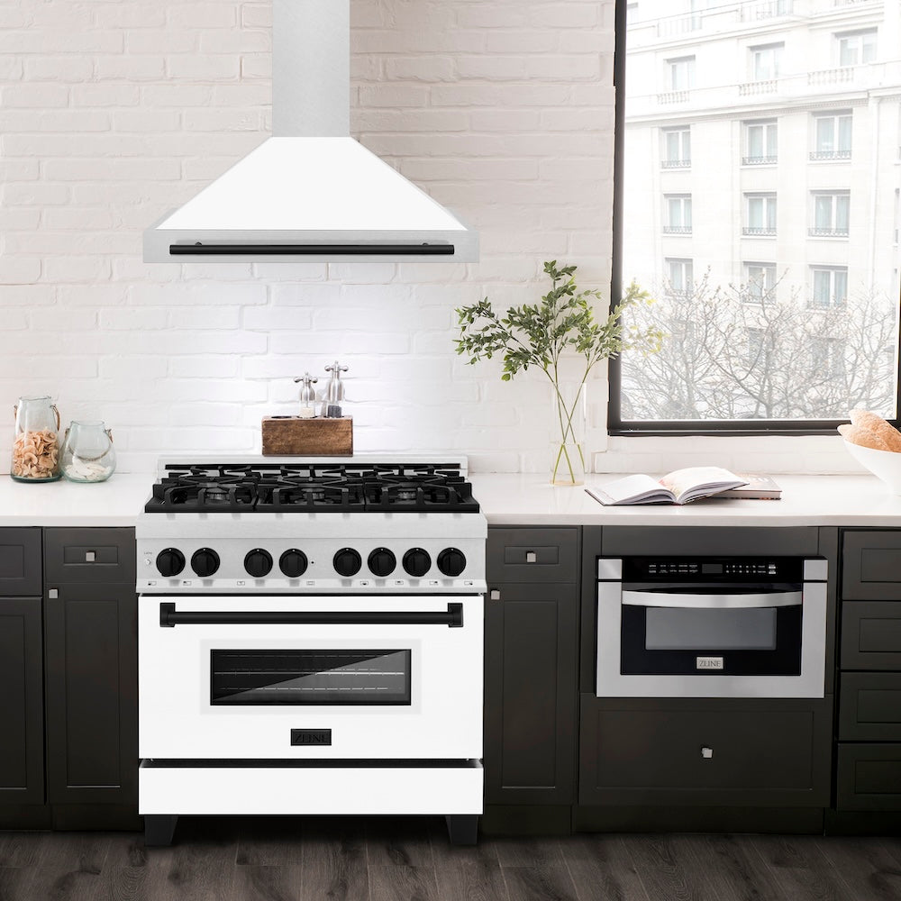 Autograph Edition 36 In. Convertible Satin Stainless Steel Wall Mount Range Hood With White Matte Shell And Matte Black Handle KB4SNZWM36MB