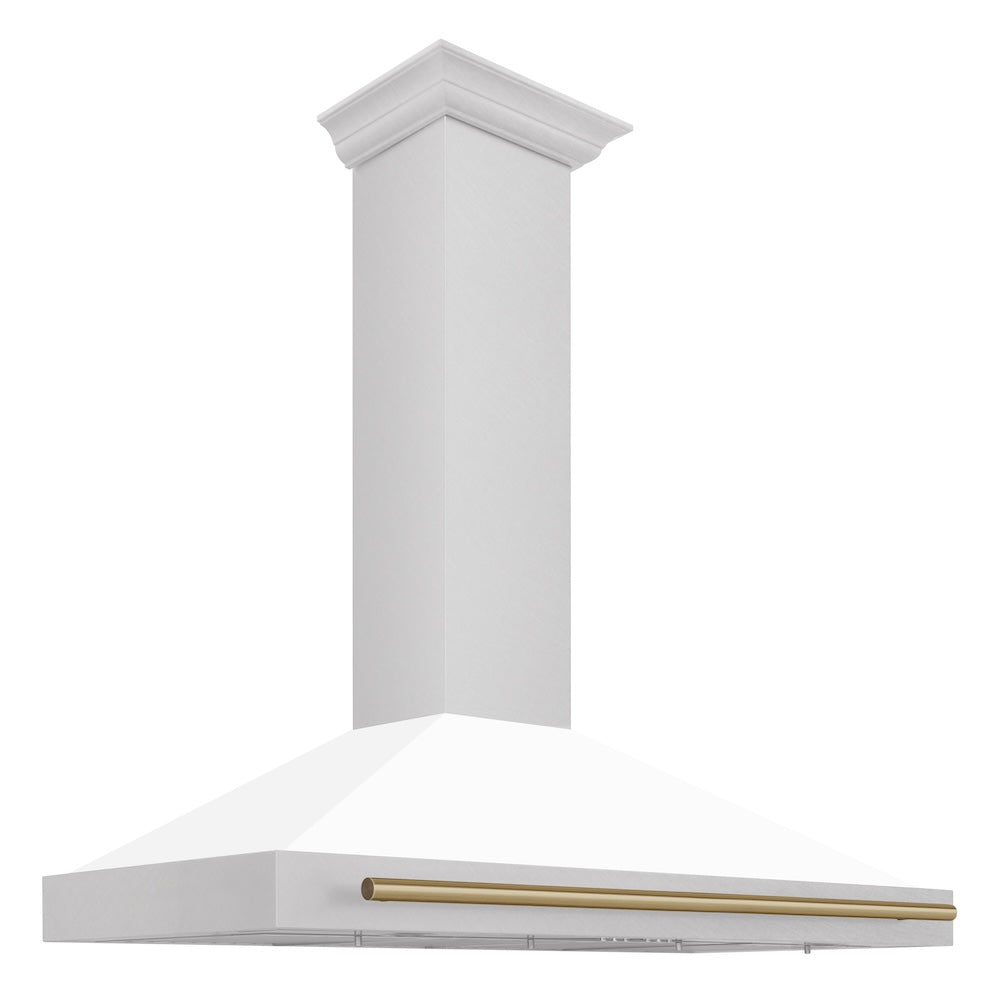Autograph Edition 48 In. Convertible Satin Stainless Steel Wall Mount Range Hood With White Matte Shell And Champagne Bronze Handle KB4SNZWM48CB