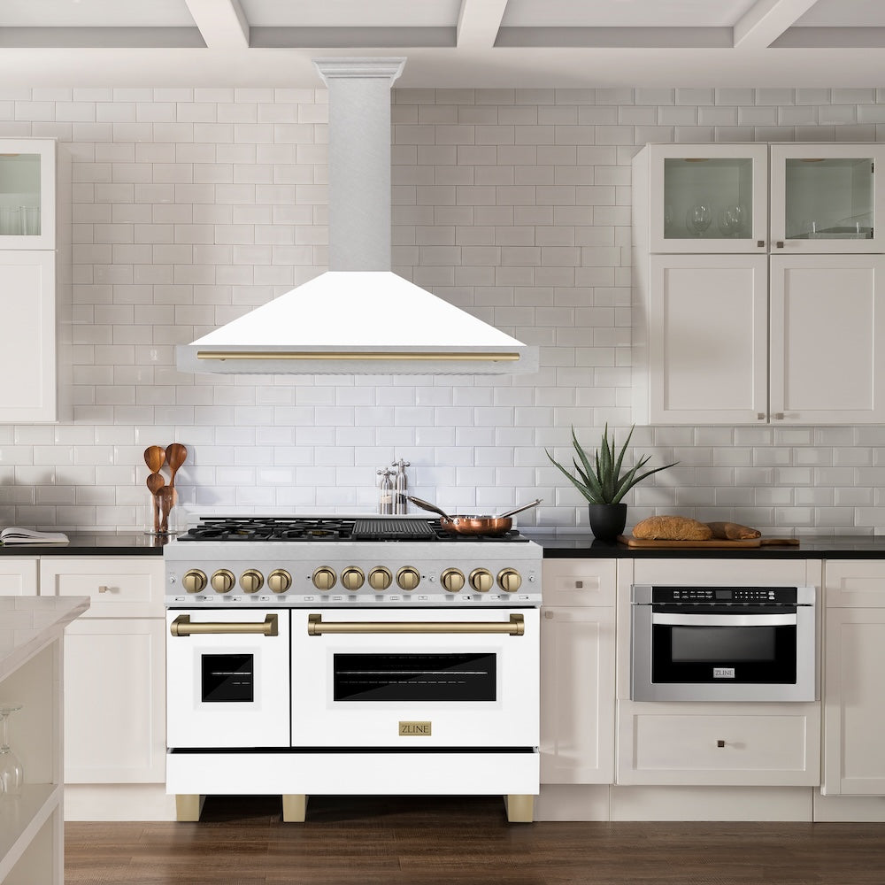 Autograph Edition 48 In. Convertible Satin Stainless Steel Wall Mount Range Hood With White Matte Shell And Champagne Bronze Handle KB4SNZWM48CB