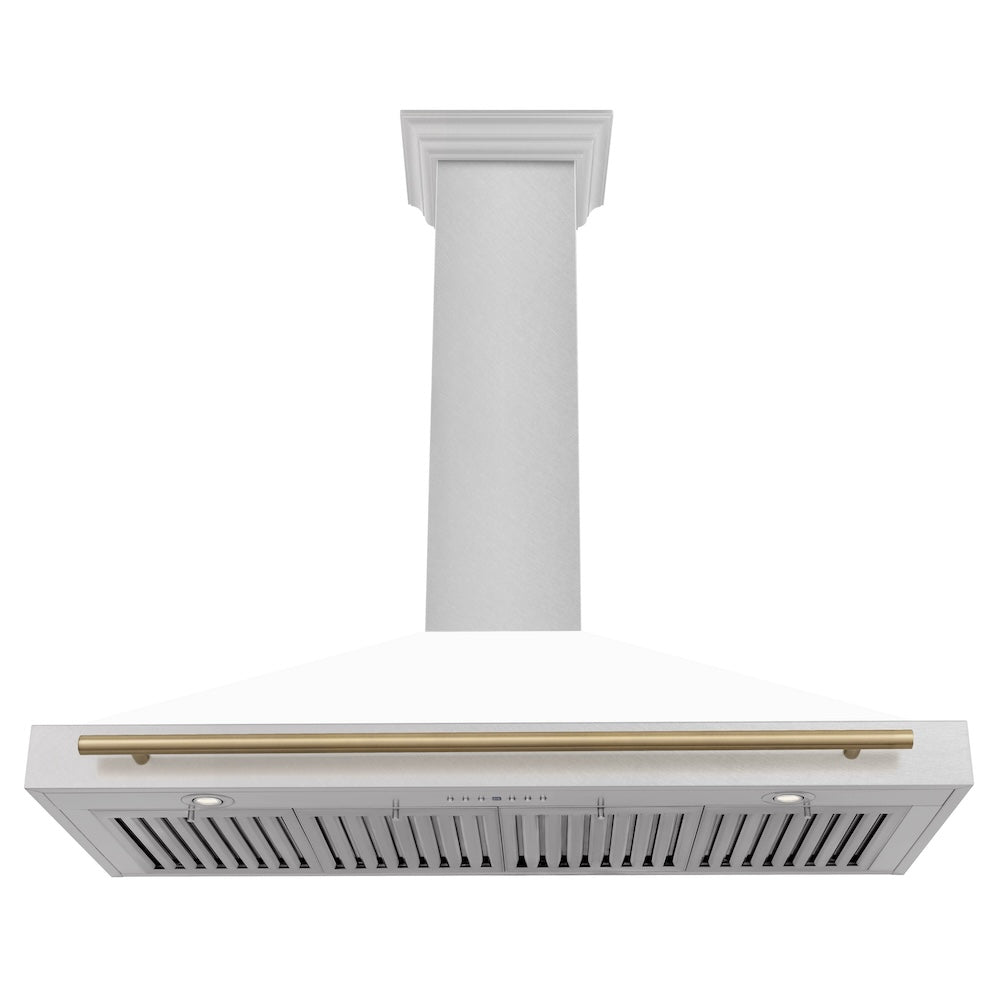 Autograph Edition 48 In. Convertible Satin Stainless Steel Wall Mount Range Hood With White Matte Shell And Champagne Bronze Handle KB4SNZWM48CB