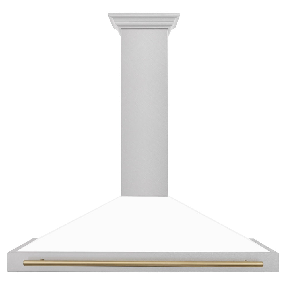 Autograph Edition 48 In. Convertible Satin Stainless Steel Wall Mount Range Hood With White Matte Shell And Champagne Bronze Handle KB4SNZWM48CB