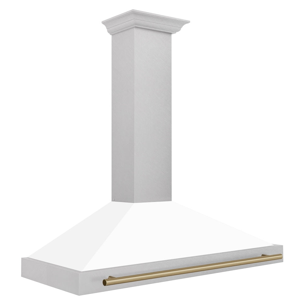 Autograph Edition 48 In. Convertible Satin Stainless Steel Wall Mount Range Hood With White Matte Shell And Champagne Bronze Handle KB4SNZWM48CB