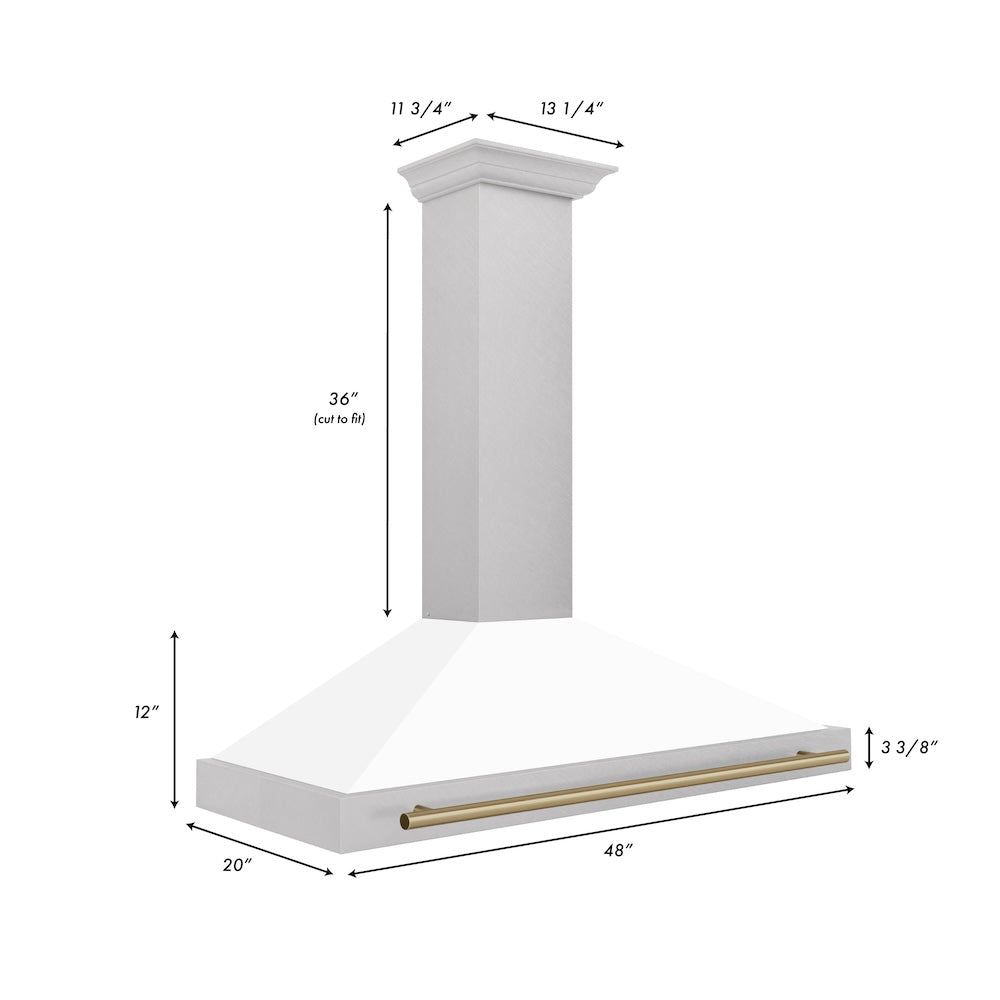Autograph Edition 48 In. Convertible Satin Stainless Steel Wall Mount Range Hood With White Matte Shell And Champagne Bronze Handle KB4SNZWM48CB
