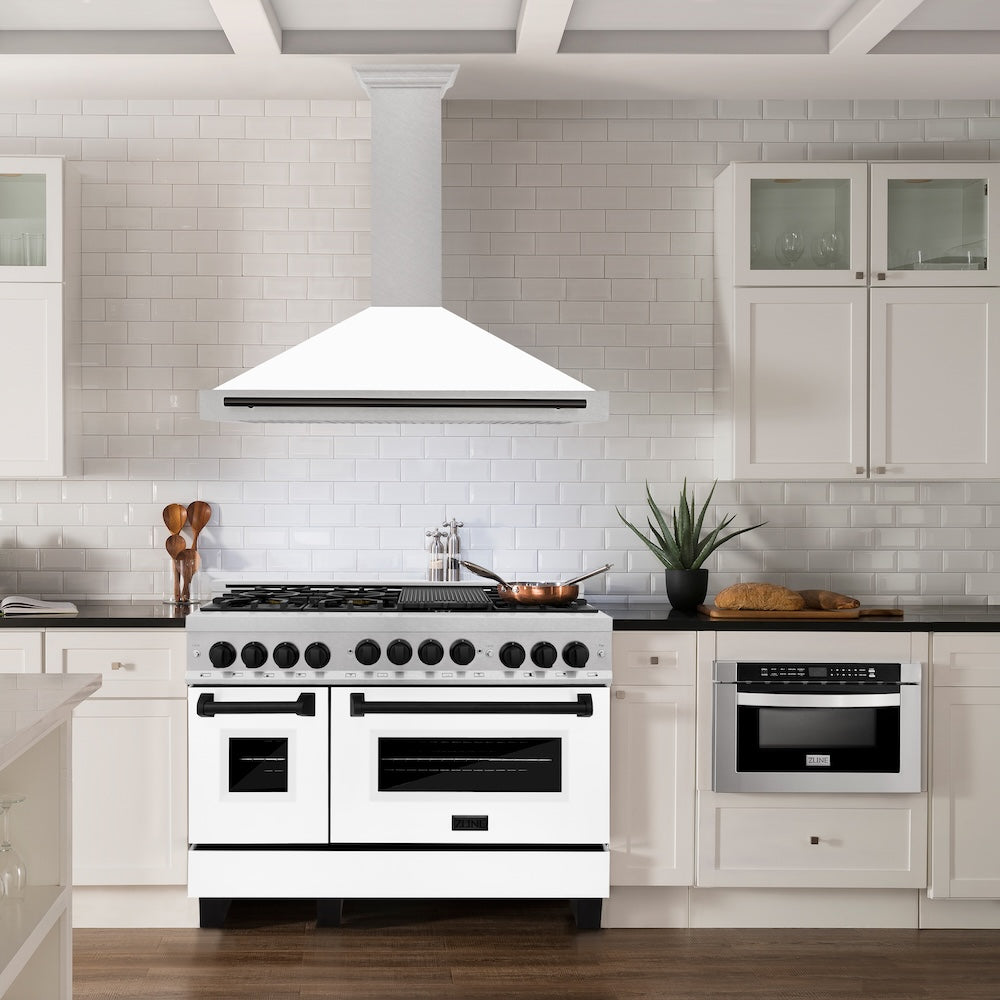 Autograph Edition 48 In. Convertible Satin Stainless Steel Wall Mount Range Hood With White Matte Shell And Matte Black Handle KB4SNZWM48MB