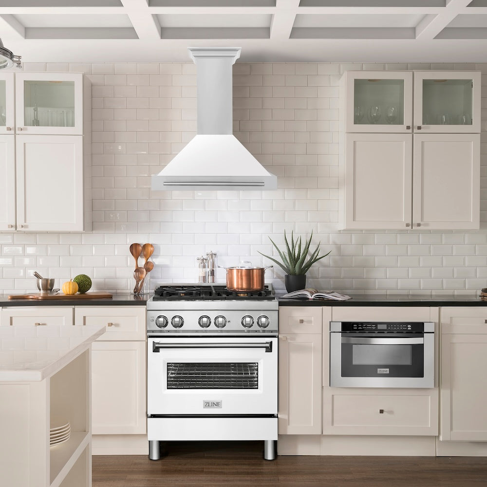 30 In. Convertible Stainless Steel Range Hood With White Matte Shell And Stainless Steel Handle KB4STXWM30