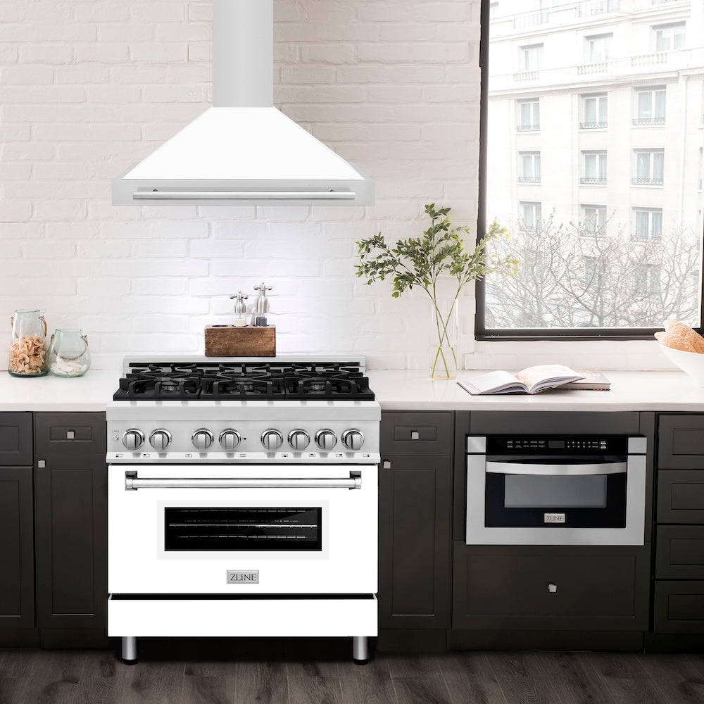 36 In. Convertible Stainless Steel Range Hood With White Matte Shell And Stainless Steel Handle KB4STXWM36