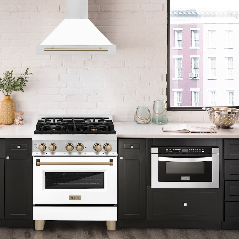 Autograph Edition 30 In. Convertible Stainless Steel Range Hood With White Matte Shell And Champagne Bronze Accents KB4STZWM30CB