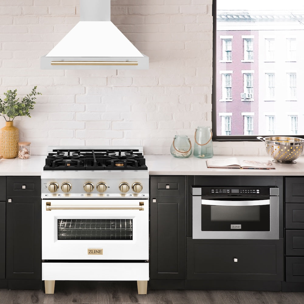 Autograph Edition 30 In. Convertible Stainless Steel Range Hood With White Matte Shell And Polished Gold Accents KB4STZWM30G