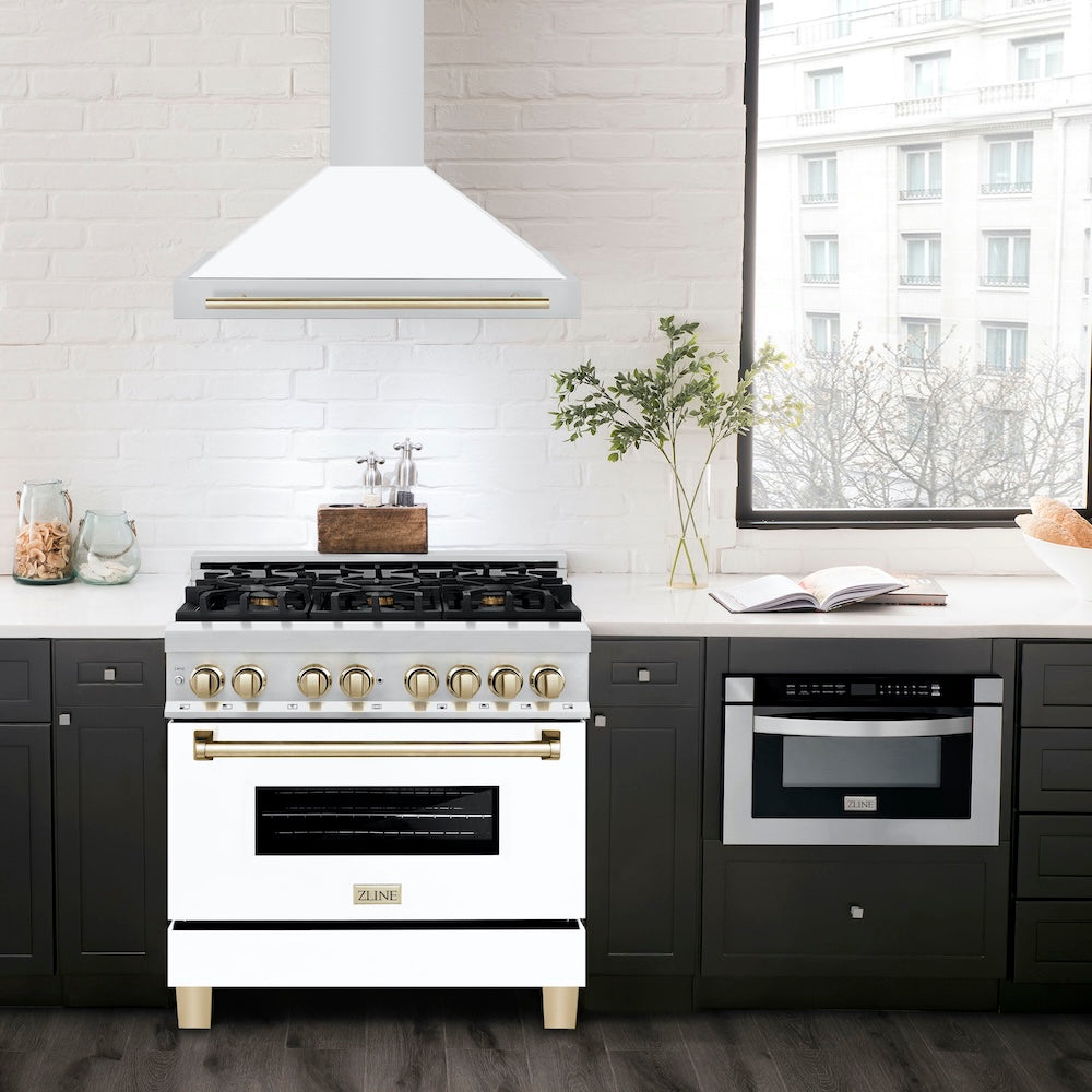 Autograph Edition 36 In. Convertible Stainless Steel Range Hood With White Matte Shell And Polished Gold Accents KB4STZWM36G