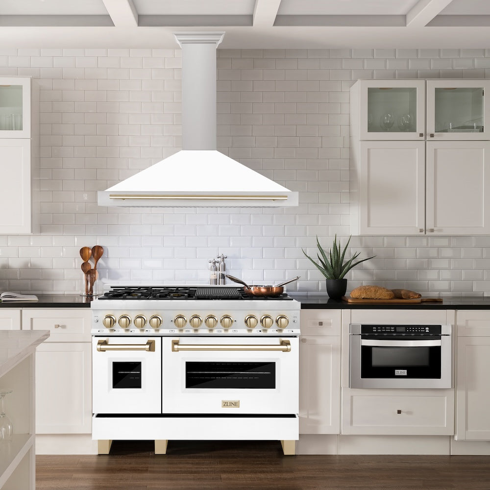 Autograph Edition 48 In. Convertible Stainless Steel Range Hood With White Matte Shell And Polished Gold Accents KB4STZWM48G